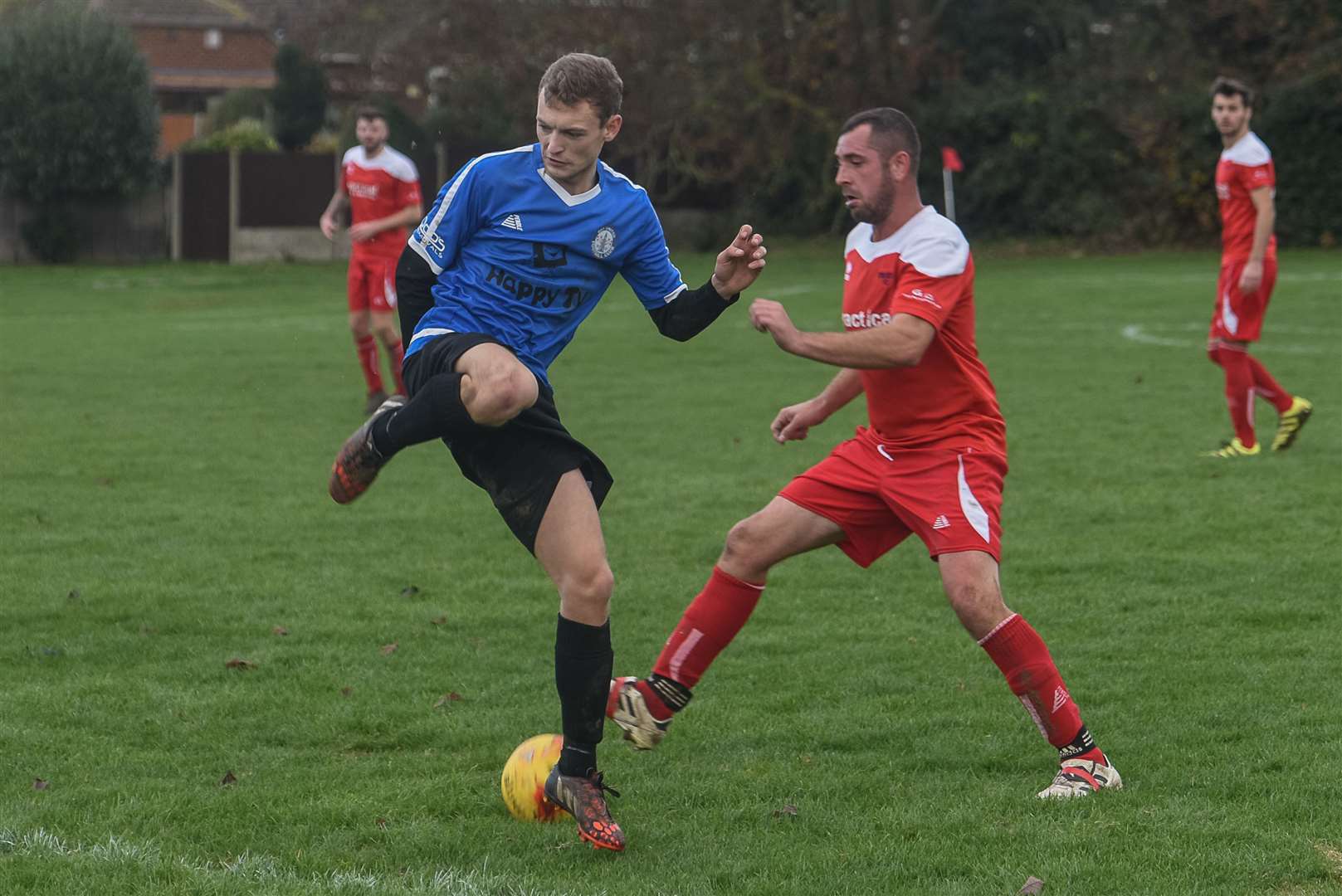 Bay United (Blue) up against The Druids (Red) in the Herne Bay & Whitstable Sunday League Picture: Alan Langley