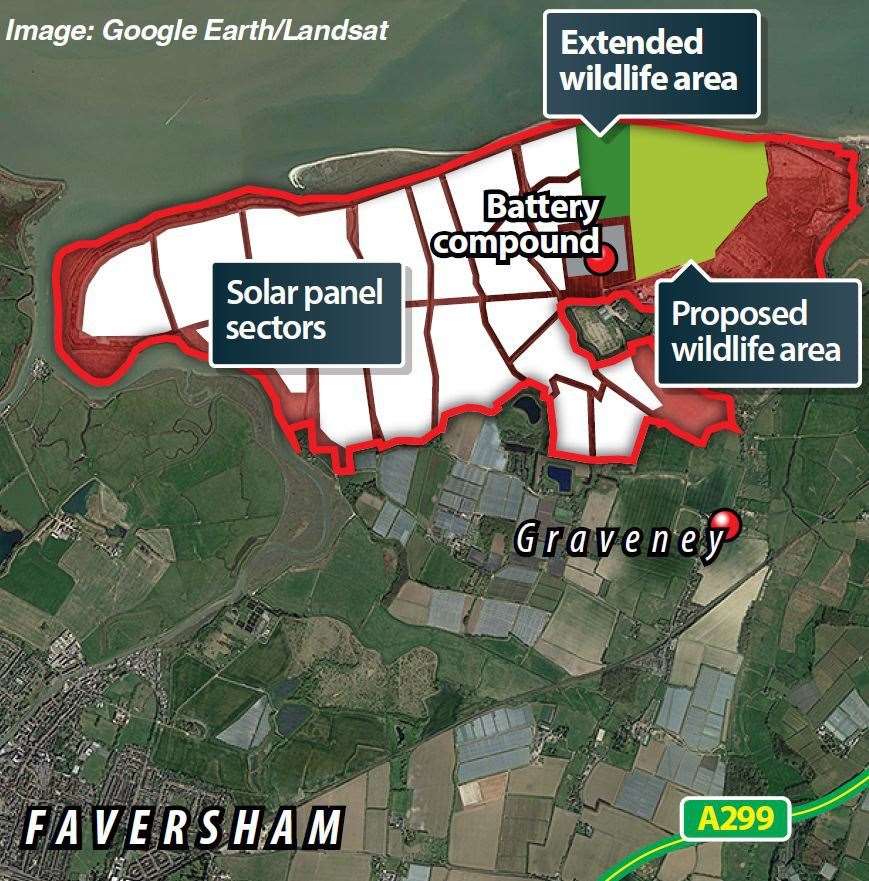 Where the battery will be located at the Cleve Hill Solar Park site in Graveney, between Faversham and Whitstable