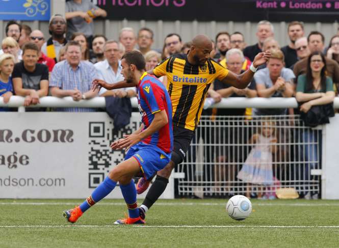 Delano Sam-Yorke works the Palace defence Picture: Andy Jones