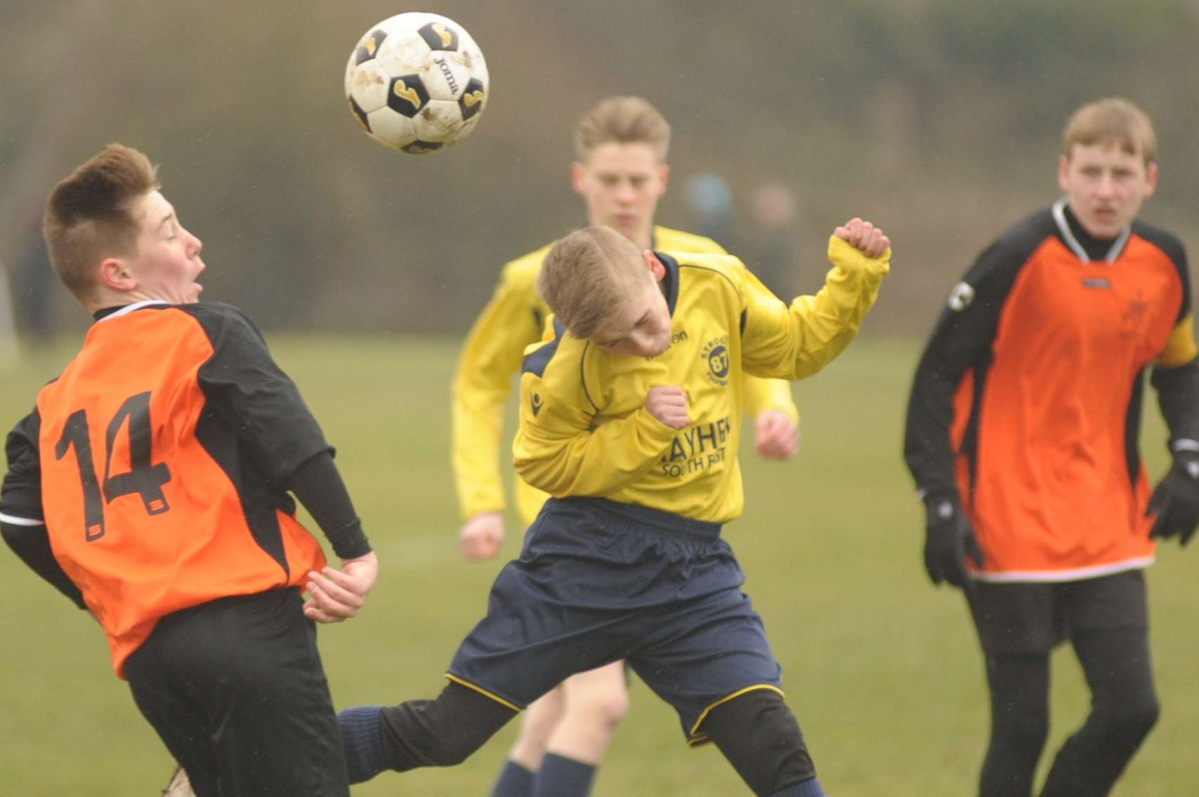 Strood 87, in yellow, battle for Under-14 Division 2 points with Pegasus 81 Picture: Steve Crispe
