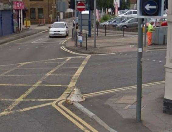 The bollard in London Road, Strood, on the junction with Gun Lane near Papa John's Pizza takeaway. Picture: Google Street View