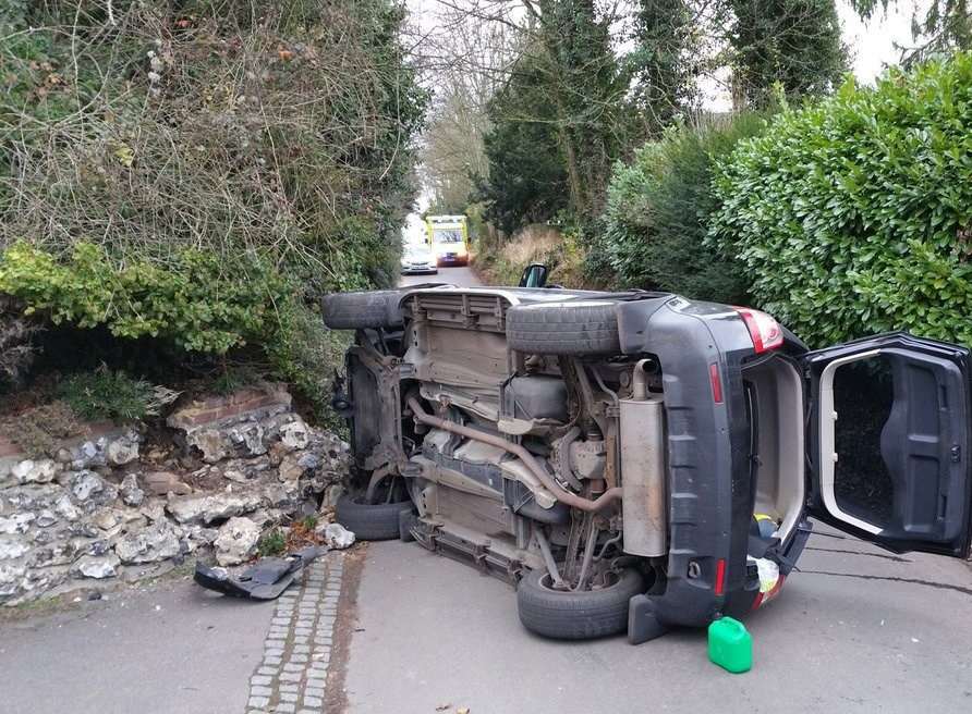 A Land Rover overturned in Sparepenny Lane, Eynsford, when its driver swerved to avoid a squirrel