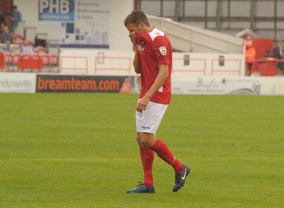 Daryl McMahon trudges off after being shown the red card Picture: Steve Crispe