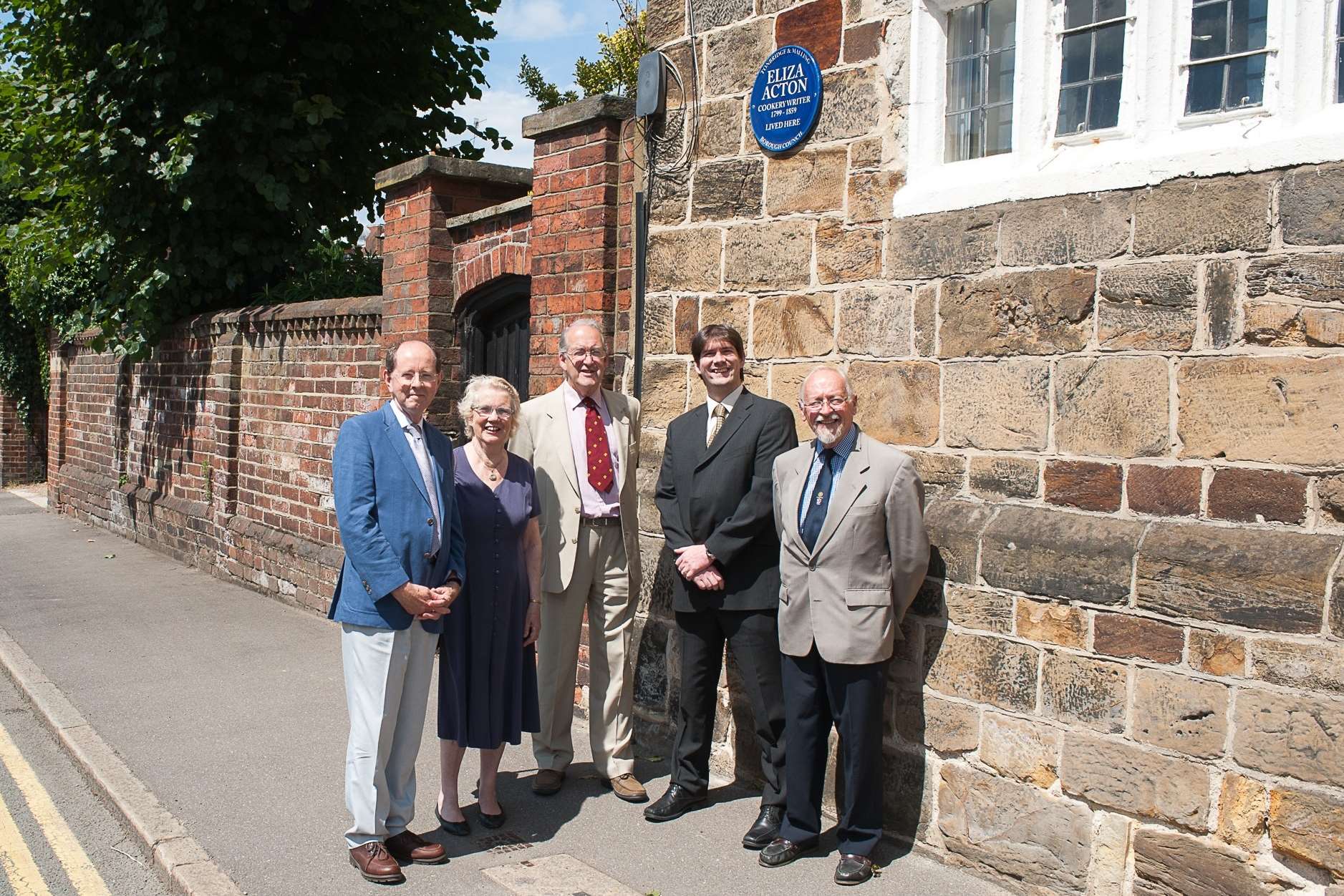 Paul Britton, Patricia Mortlock, John Smalman-Smith, Stephen Gregg and David Davis celebrate the unveiling of the blue plaque to commemorate Eliza Acton at The Priory, Bordyke, Tonbridge.
