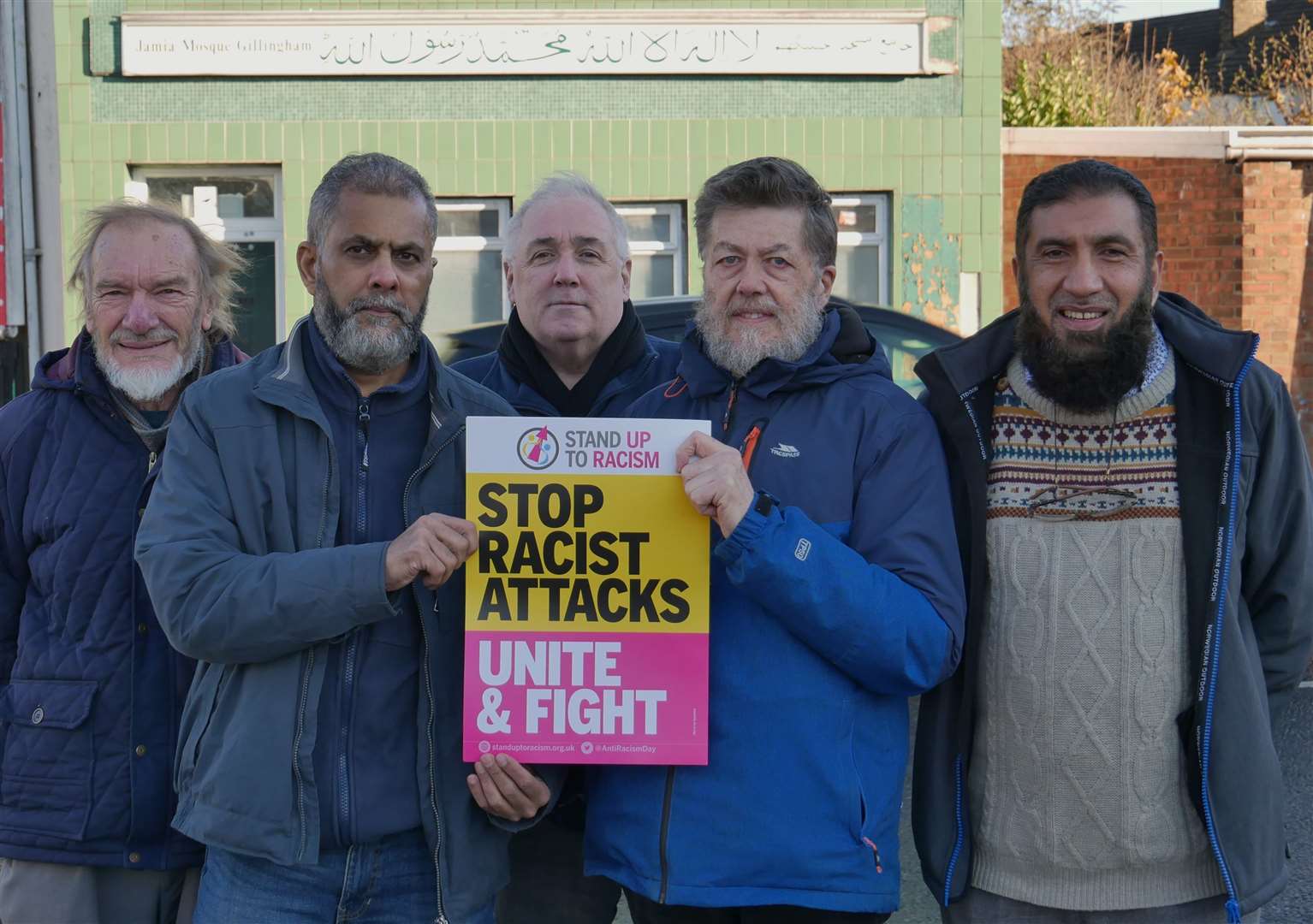 (Left) Ralph Tebbutt, Malik Zubair, Ivor Riddell, Steve Wilkins and Ajaib Hussain of Medway Stand Up To Racism have condemmed the incidents at places of worship across Medway (23253098)