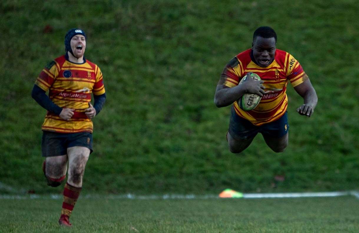 Medway's John Sipawa lifts off for his second try against Cobham. Picture: Jake Miles Sports Photography
