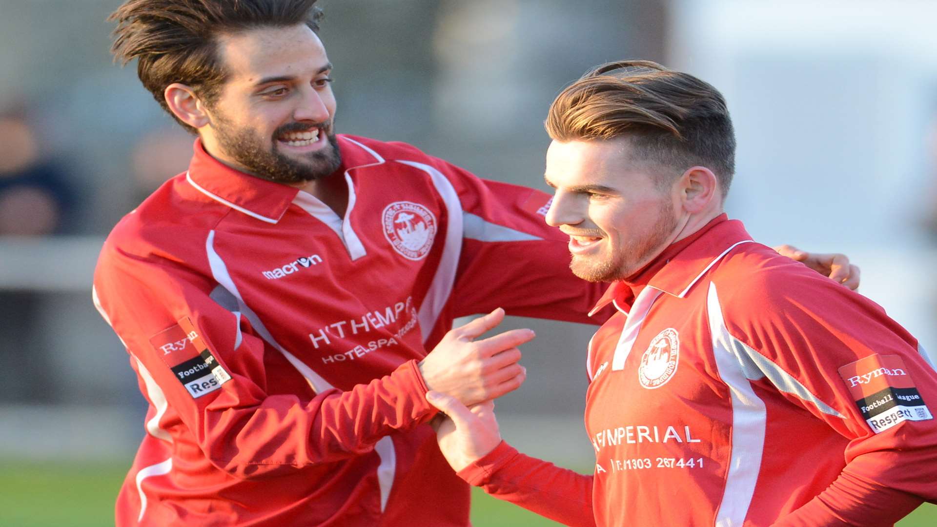 Ashley Miller (right) celebrates scoring for Hythe with Sam Conlon Picture: Gary Browne