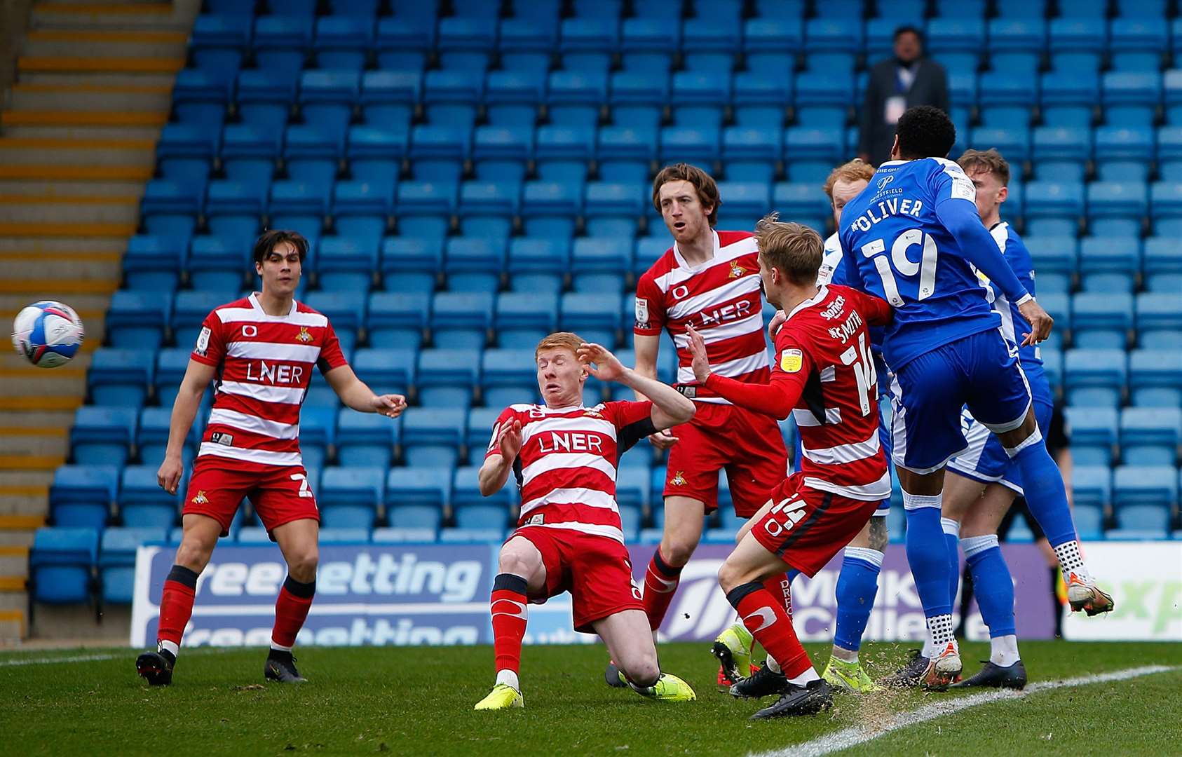 Vadaine Oliver puts Gills 2-0 ahead against Doncaster on Saturday. Picture: Andy Jones (45335496)