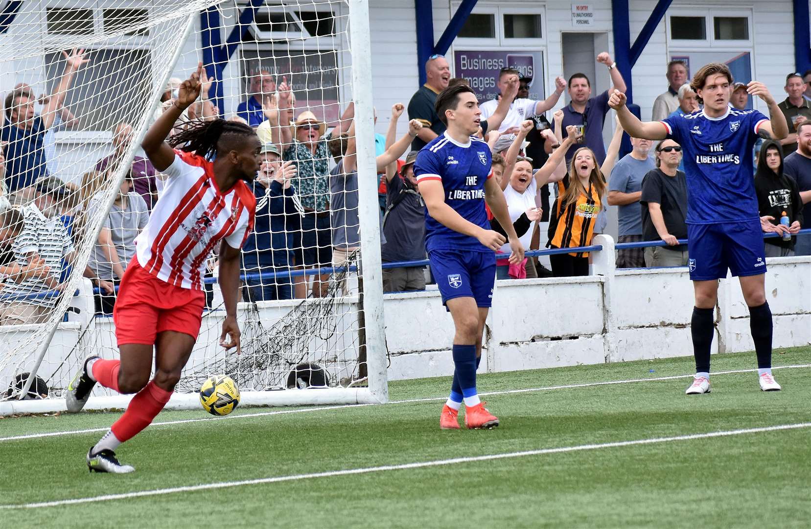 Ibrahim Olutade gives Folkestone the lead at Margate on Saturday. Picture Randolph File