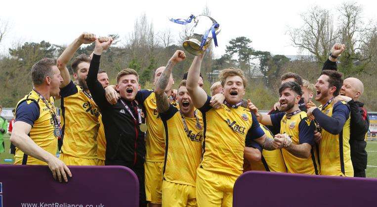 Whitstable captain James Morrish lifts the Kent Senior Trophy Picture: Andy Jones