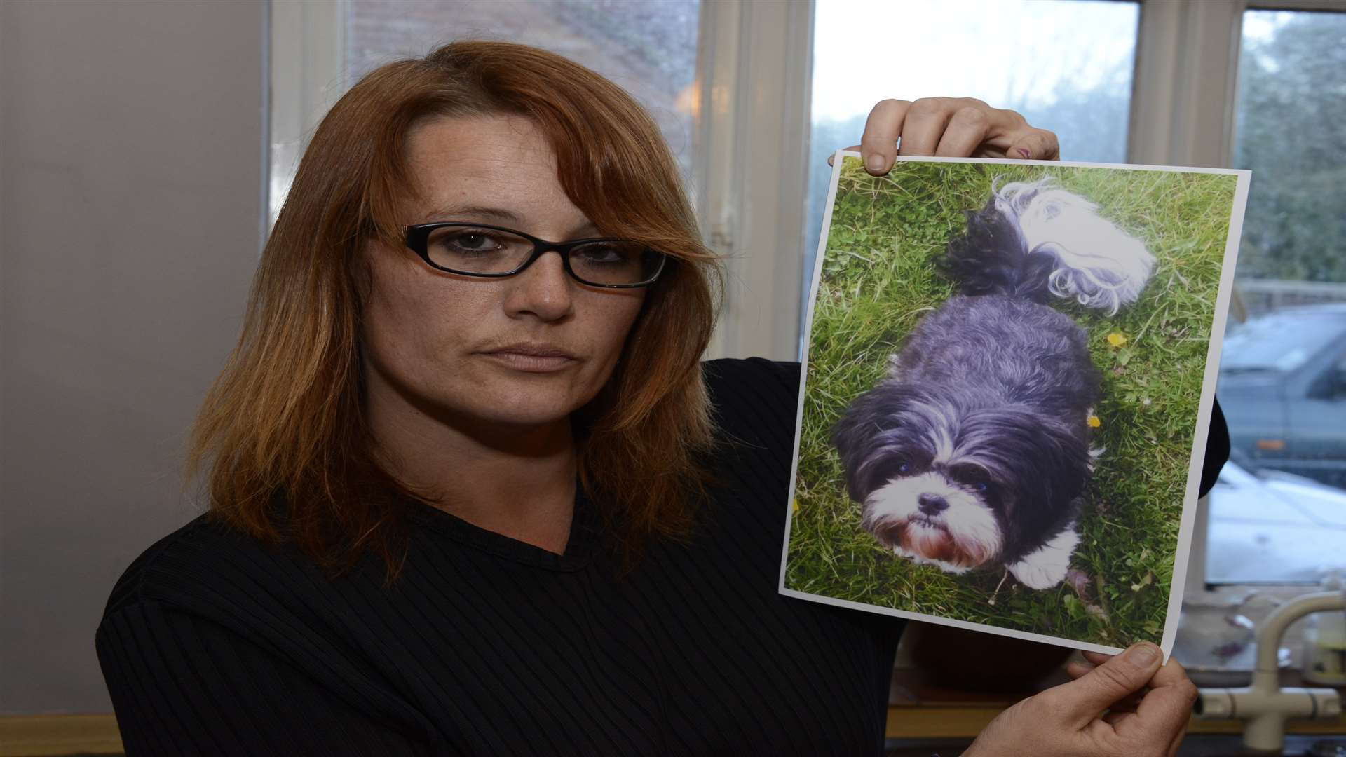Ms Robertson with a photo of Mavis who was killed by a car after being scared by a firework. Picture: Paul Amos