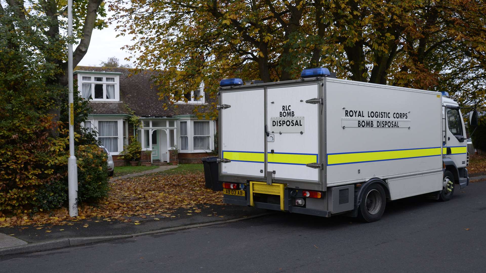 A Royal Logistics Corps bomb disposal van in Ham Shades Lane, Whitstable on Tuesday morning.