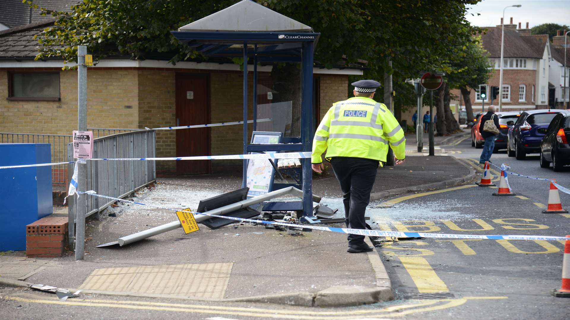 Damage to the bus stop. Picture: Gary Browne