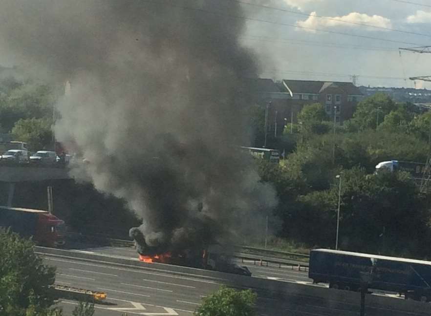 A fire broke out after the two lorries collided. Picture: Nicola Smith @nicb16183