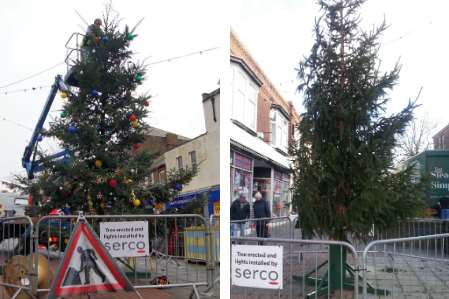 Workers putting new lights on Herne Bay’s original Christmas tree (left) – before it was replaced with a tree that "looks even worse"