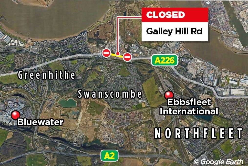 Graphic showing the closed section of A226 Galley Hill Road between Swanscombe and Northfleet.