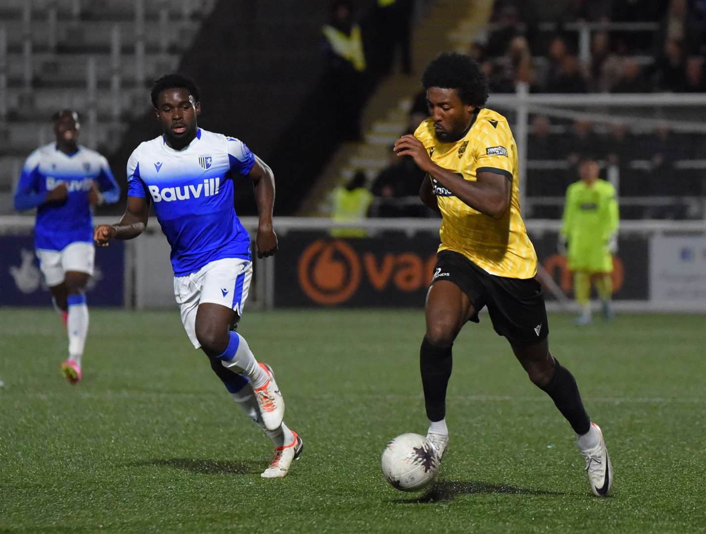 Maidstone’s Devonte Aransibia takes the game to Gillingham in Tuesday’s Kent Senior Cup tie Picture: Steve Terrell