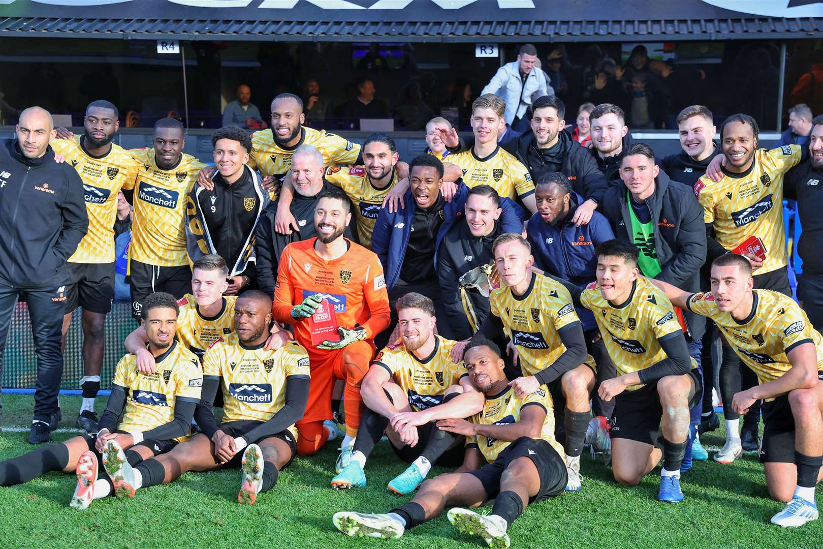 Maidstone celebrate their stunning FA Cup victory at Ipswich. Picture: Helen Cooper