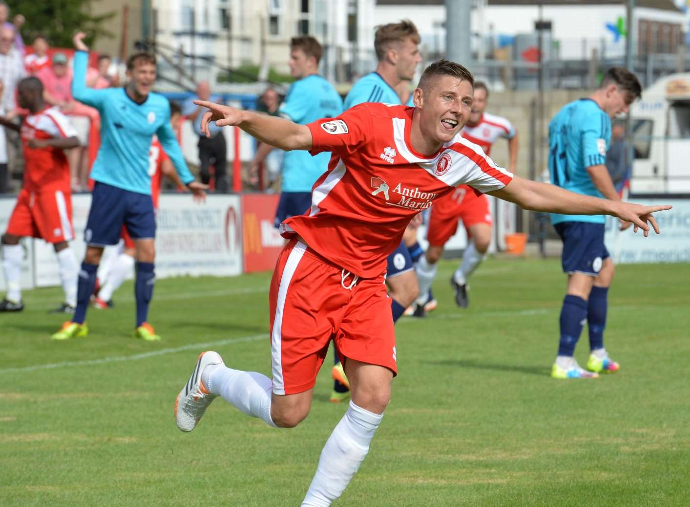 Welling's Harry Beautyman celebrates his opening day goal against Telford. Picture: Keith Gillard