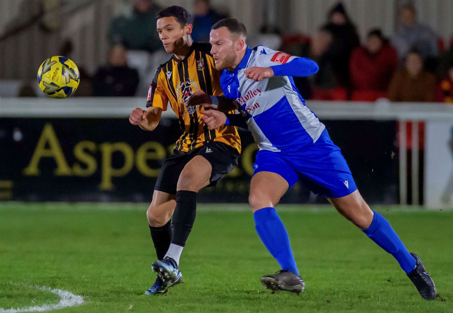 Eddie Allsopp of Folkestone battles for the ball during last Tuesday’s 2-0 loss to Isthmian Premier frontrunners Hornchurch. Picture: Ian Scammell