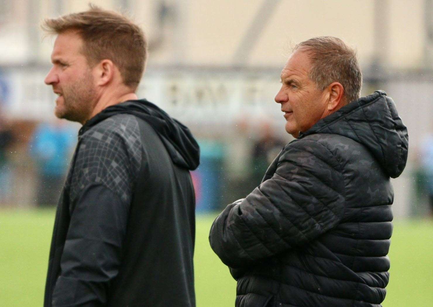 Herne Bay manager Steve Lovell and his son, and assistant, Mark Lovell watch on during pre-season. Picture: James Aylward