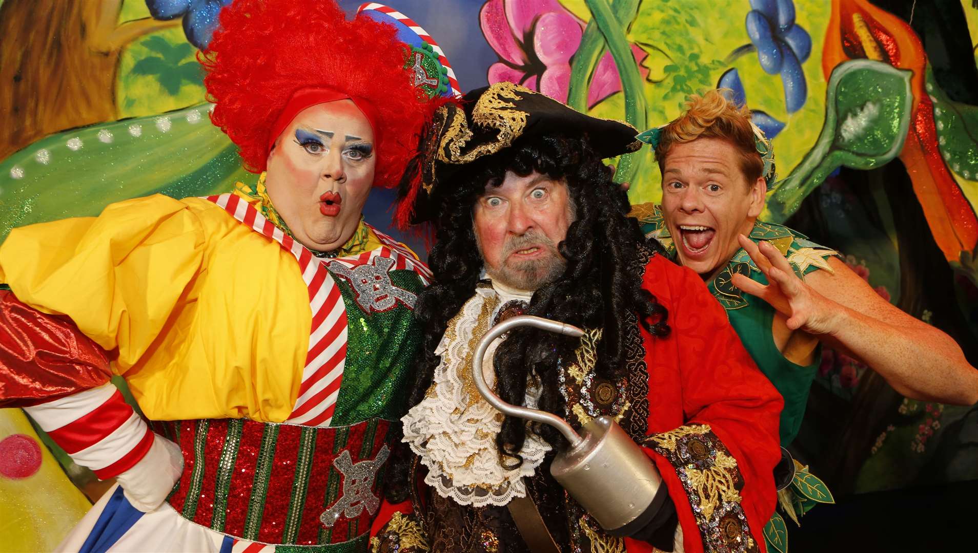 Paul Bradley with Quinn Patrick (Mrs Smee) and Lloyd Warbey (Peter Pan) Picture: Andy Jones