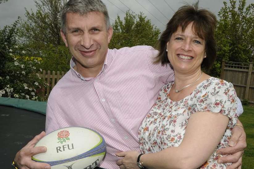 Mark Jones, who collapsed during a match at Canterbury Rugby Club, at home with wife Jo
