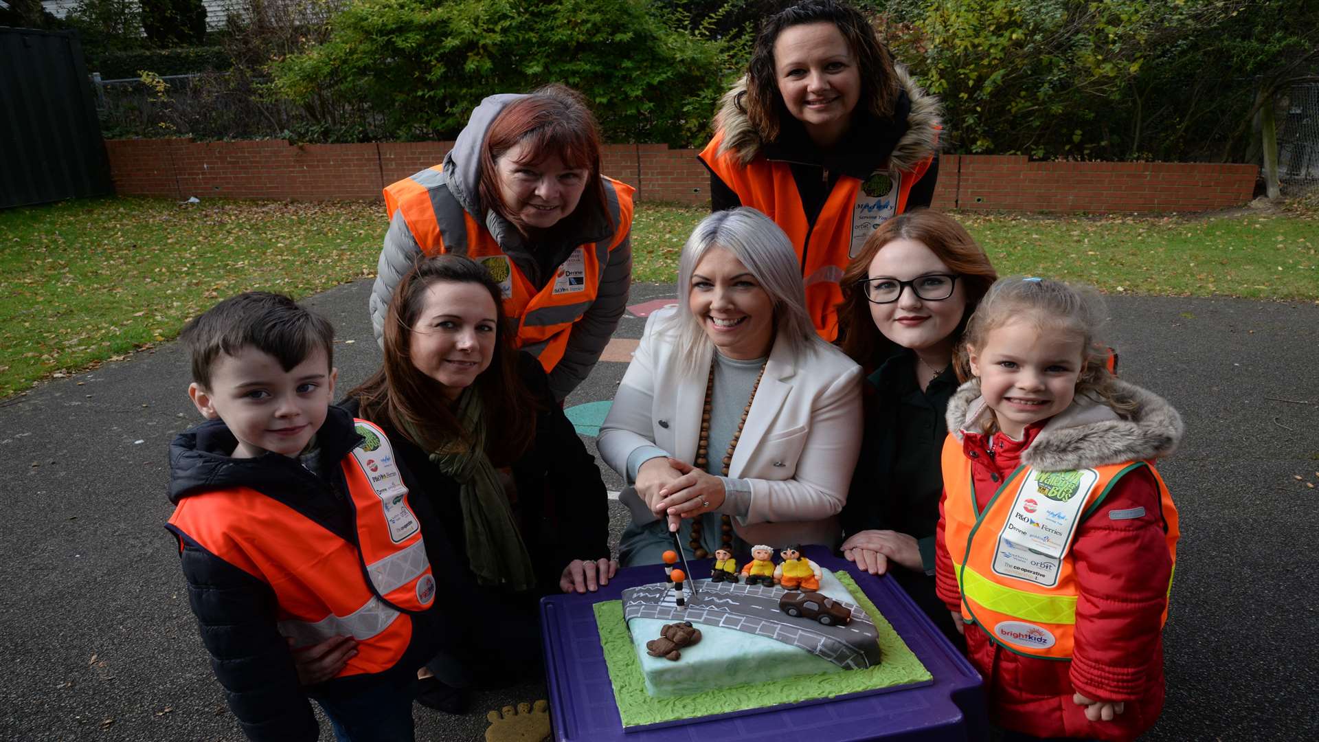 Pupils Sydney, three, and Elsie, four, sponsors Leanne Adams and Sarah Savage of Medway Council and Emily Geeson of Countrystyle Recycling, and staff members Betty Abraham and Jacqueline Hopper at the launch of Parkwood Christian Fellowship Preschool's walking bus.