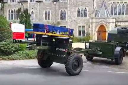 Albert Figg's coffin arrives at St Edmund's School chapel on the back of a gun carrier