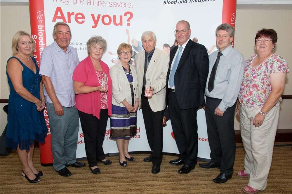Julie Withey (Far Left) stands with other Kent blood donors and Dr Lorna Williamson.