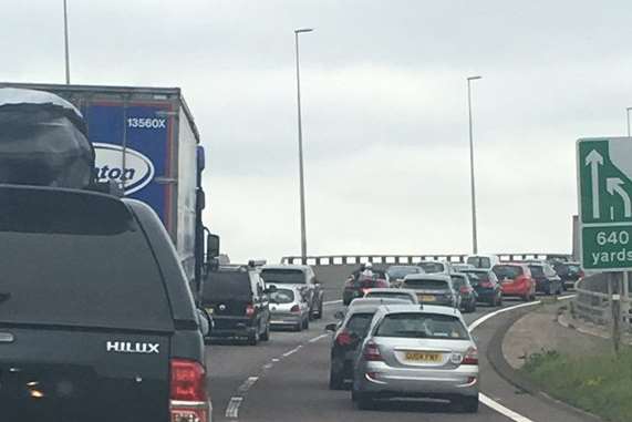 Queues have stretched back to the A2. Pic courtesy of @JanChat56