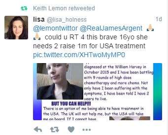 TV character Keith Lemon retweeted Kelly's poster to his followers