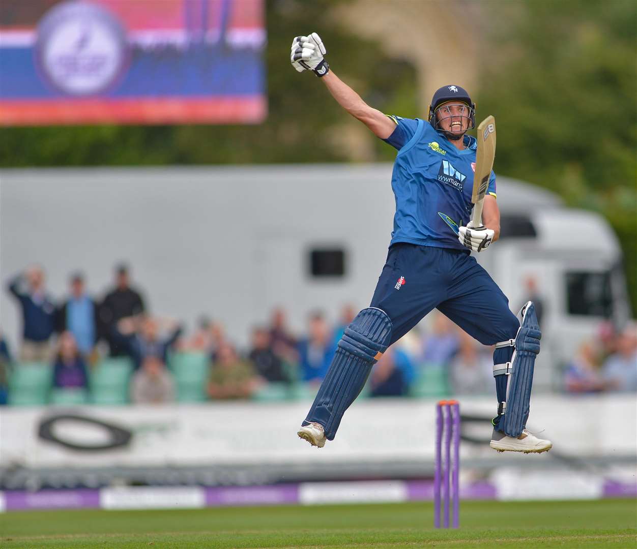 Kent's Harry Podmore celebrates hitting the winning runs during their Royal London Cup semi-final. Picture: Ady Kerry