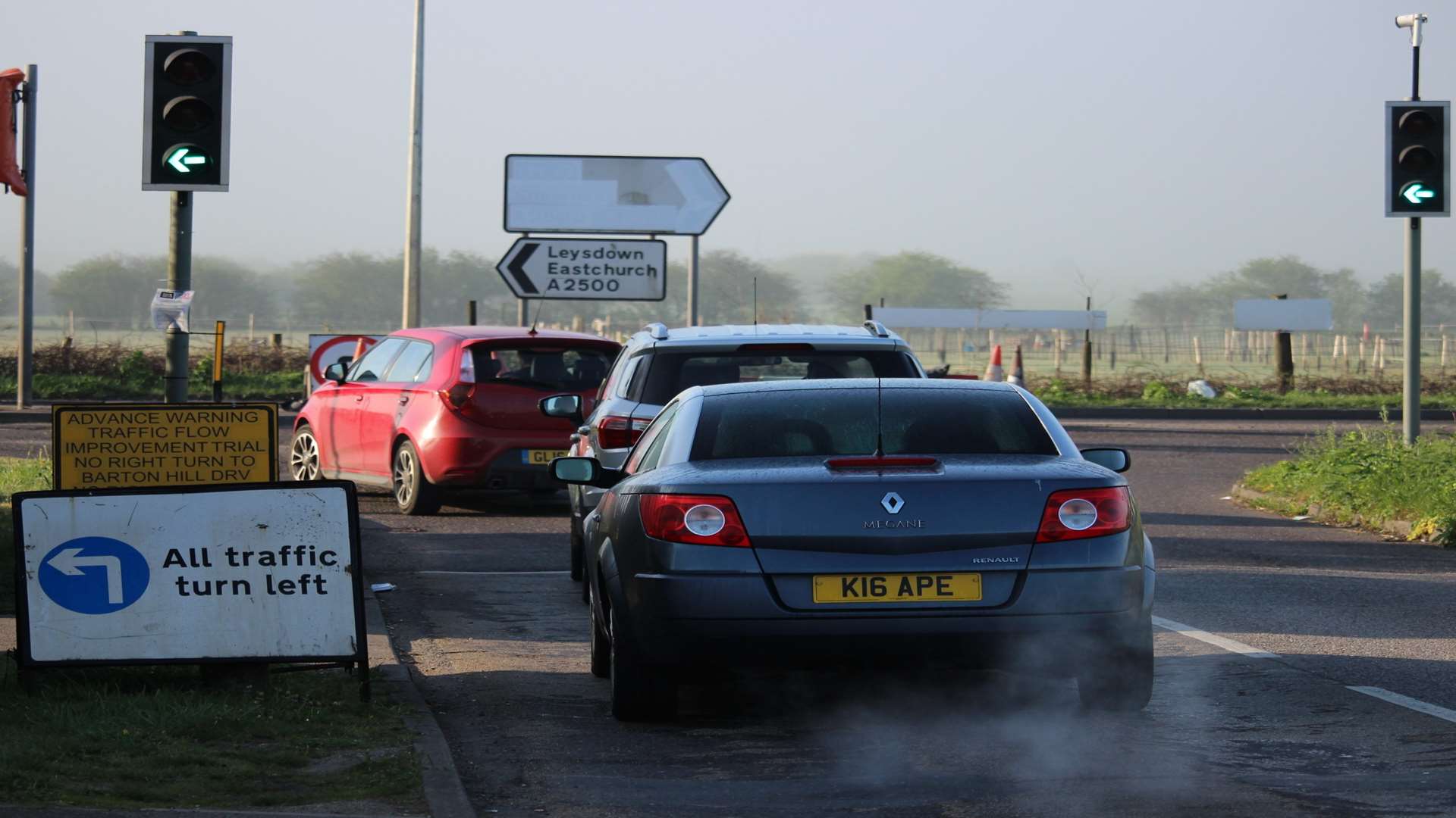 The No Right Turn diversion at the junction of the Lower Road and Barton Hill Drive traffic lights at Minster