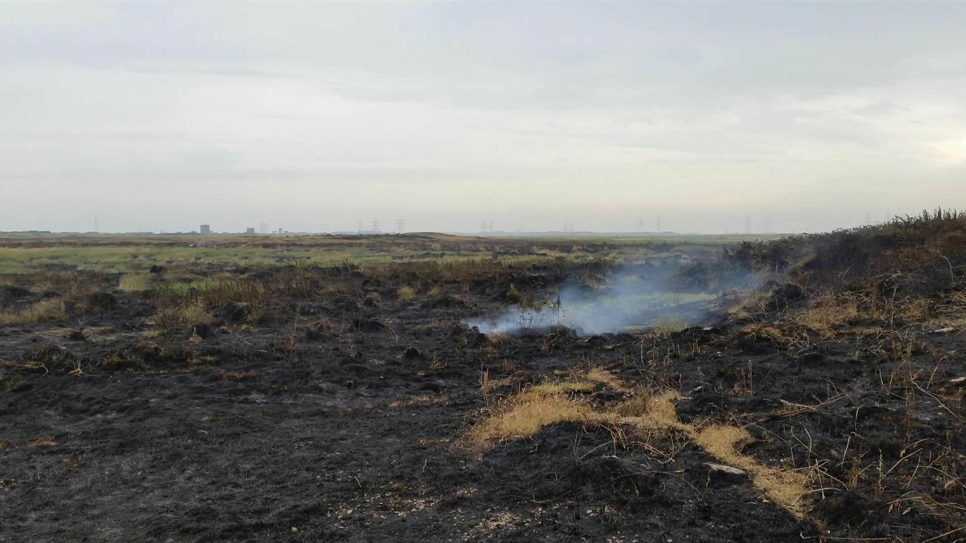 Smouldering grass on Lydd Ranges after fires struck the area last summer. Picture: Kent Fire and Rescue Service