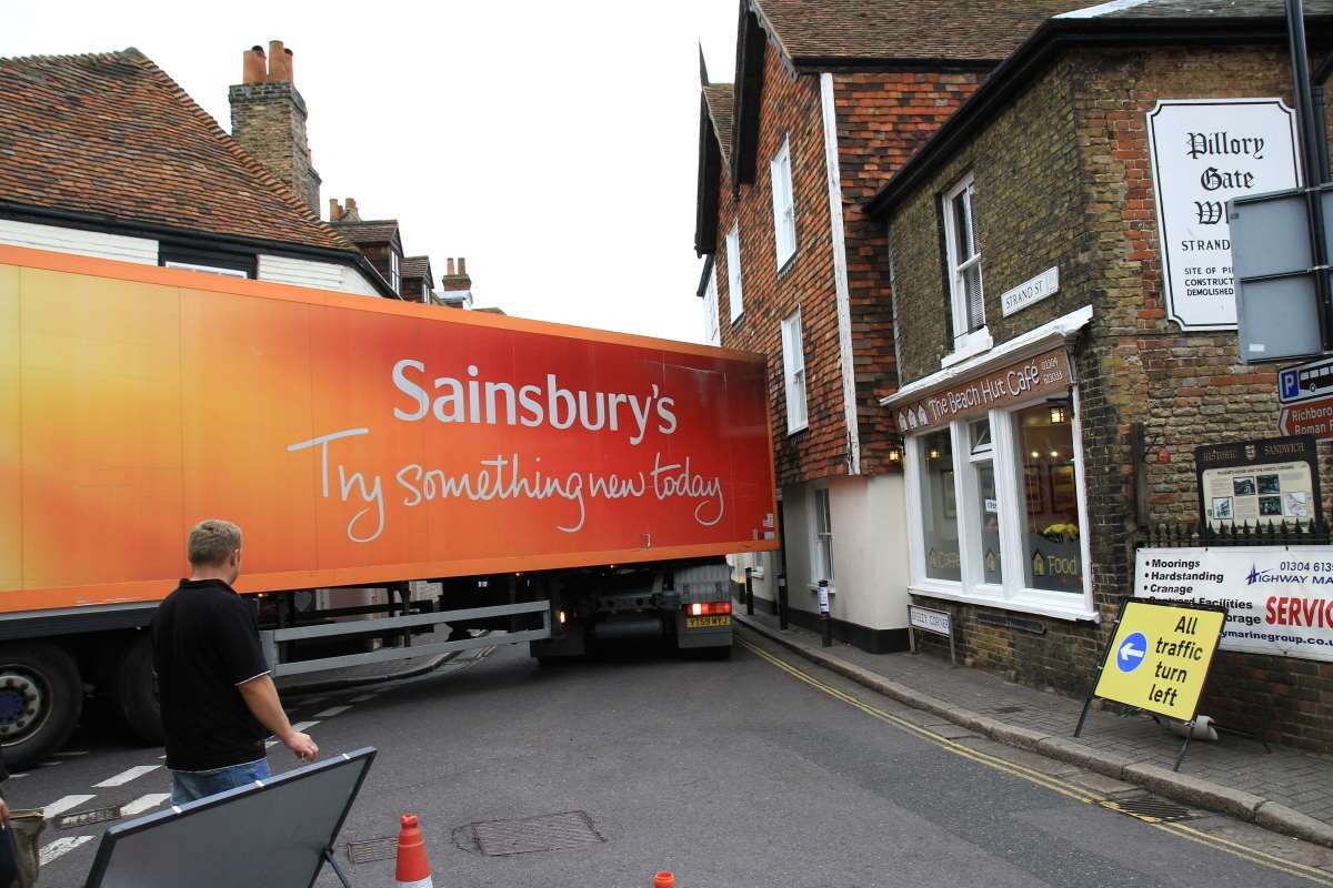 A Sainsbury's lorry stuck on Breezy Corner in Sandwich