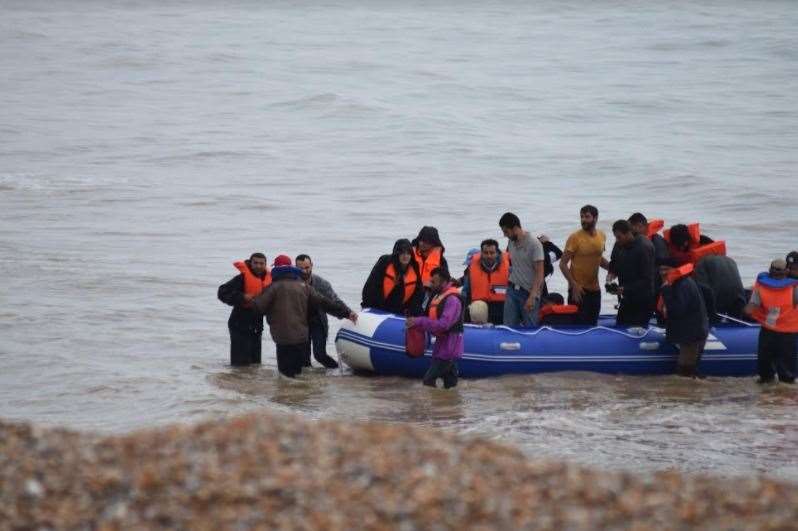 Migrants arriving on the beach at Dungeness last week. Picture: PD