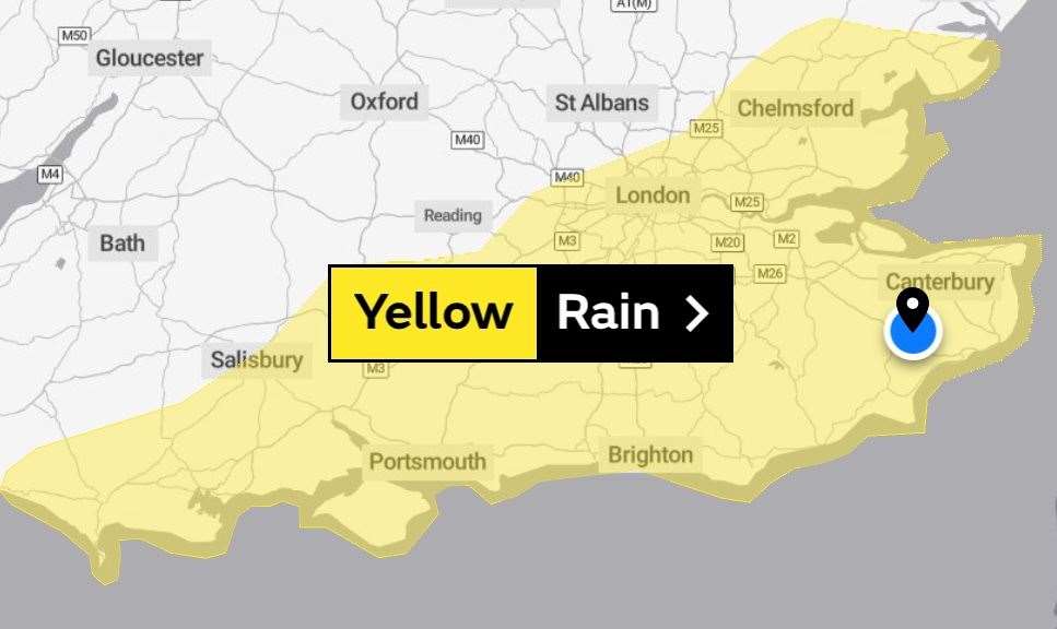 A yellow weather warning has been issued for the whole of Kent. Picture: The Met Office