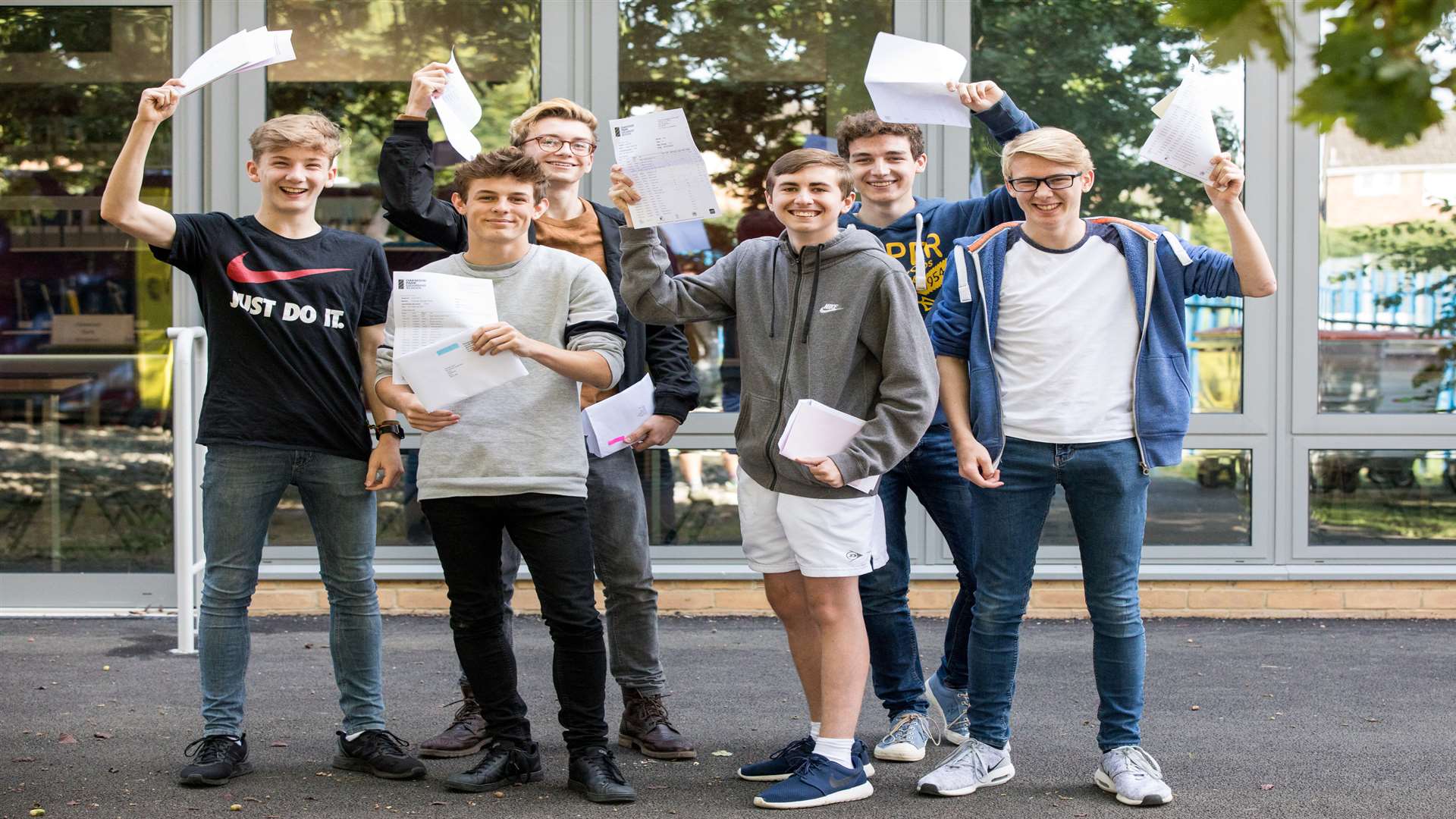 Evan Lewis, Thomas Place, Fred Duffield, Joseph Smy, Adam Crawford and Ben Homewood received their GCSE results at Oakwood Park Grammar School