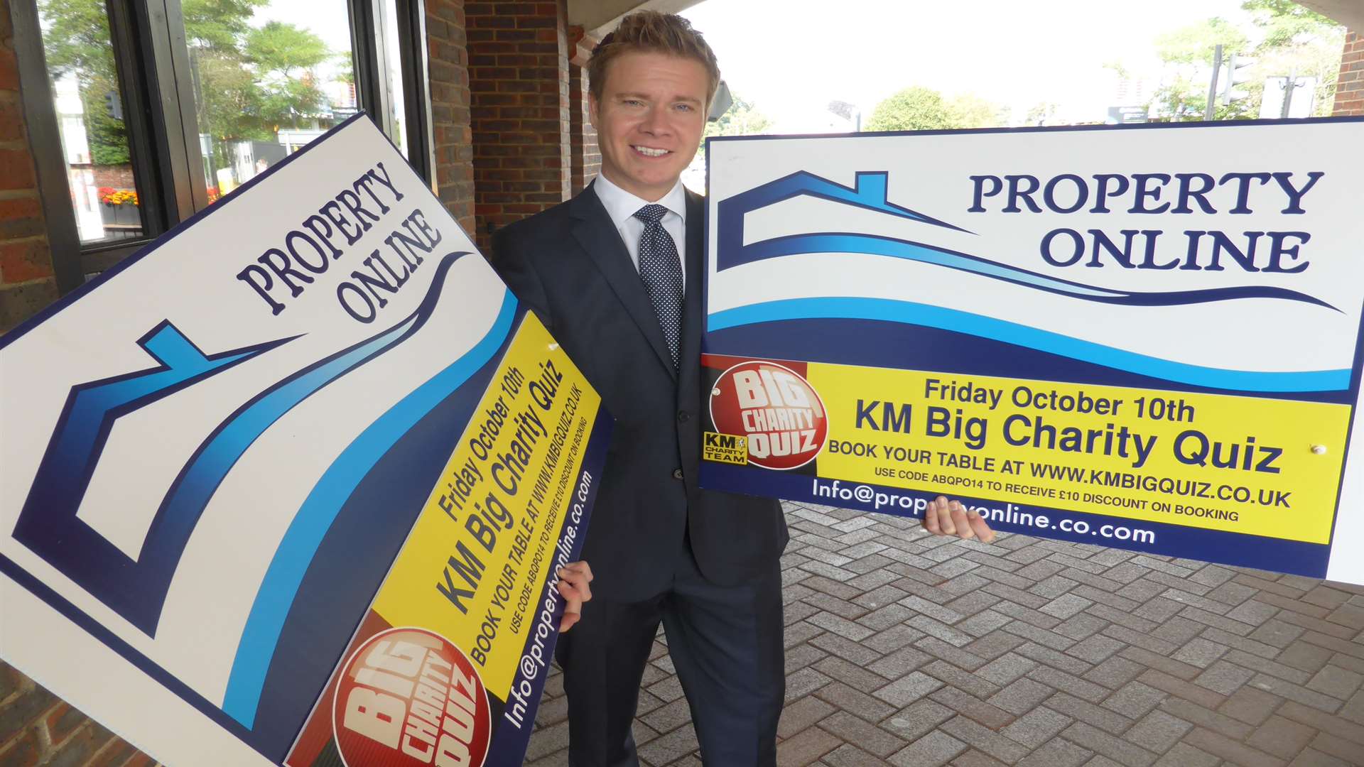 Gareth Harmer, director of Property Online estate agents, is supporting the KM's Big Charity Quiz by featuring the event on 50 boards in the Ashford area