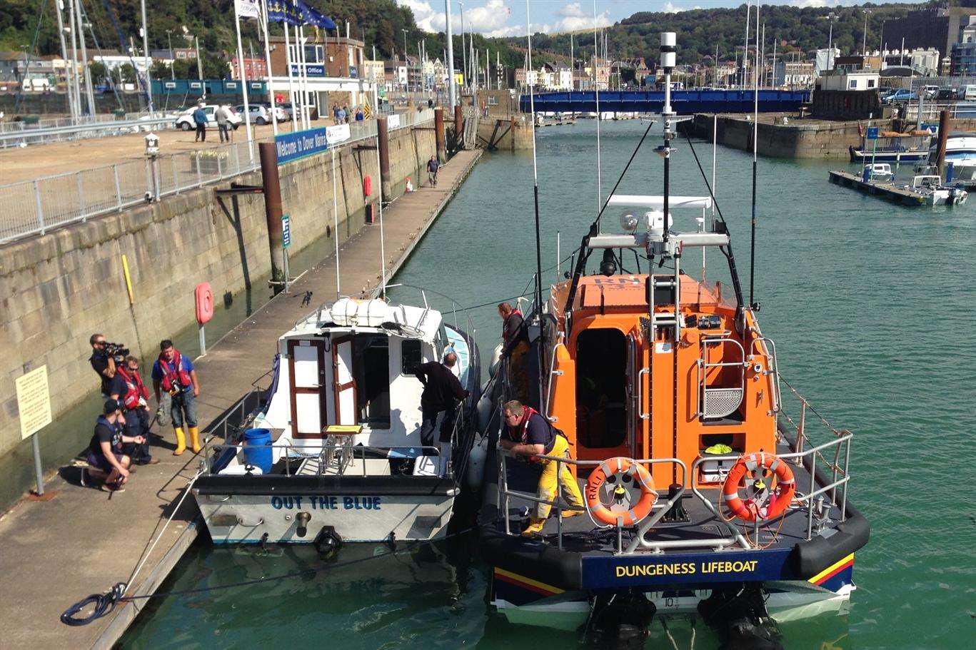 The stricken angling boat brought back to Dover by Dungeness RNLI