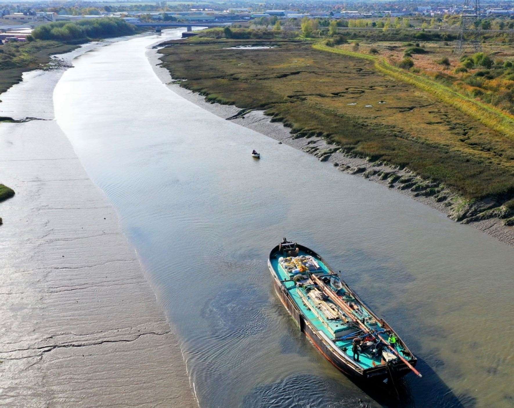 Aerial view of Raybel sailing barge returning to Lloyd's Wharf at Milton Creek earlier this year. Picture: DS Smith