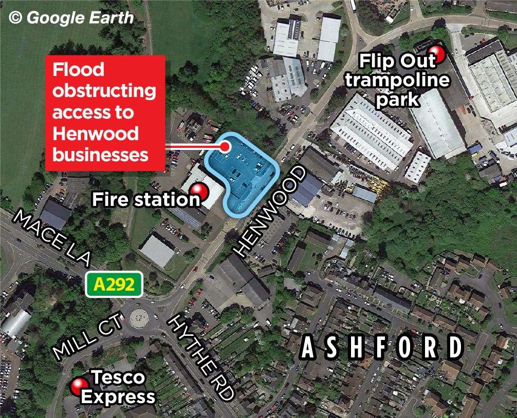 This map shows the flooded part of the Henwood Industrial Estate