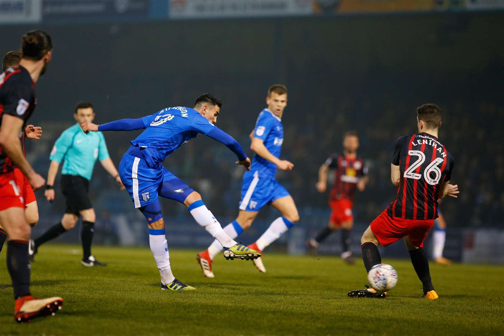 Conor Wilkinson shoots just wide for Gillingham Picture: Andy Jones