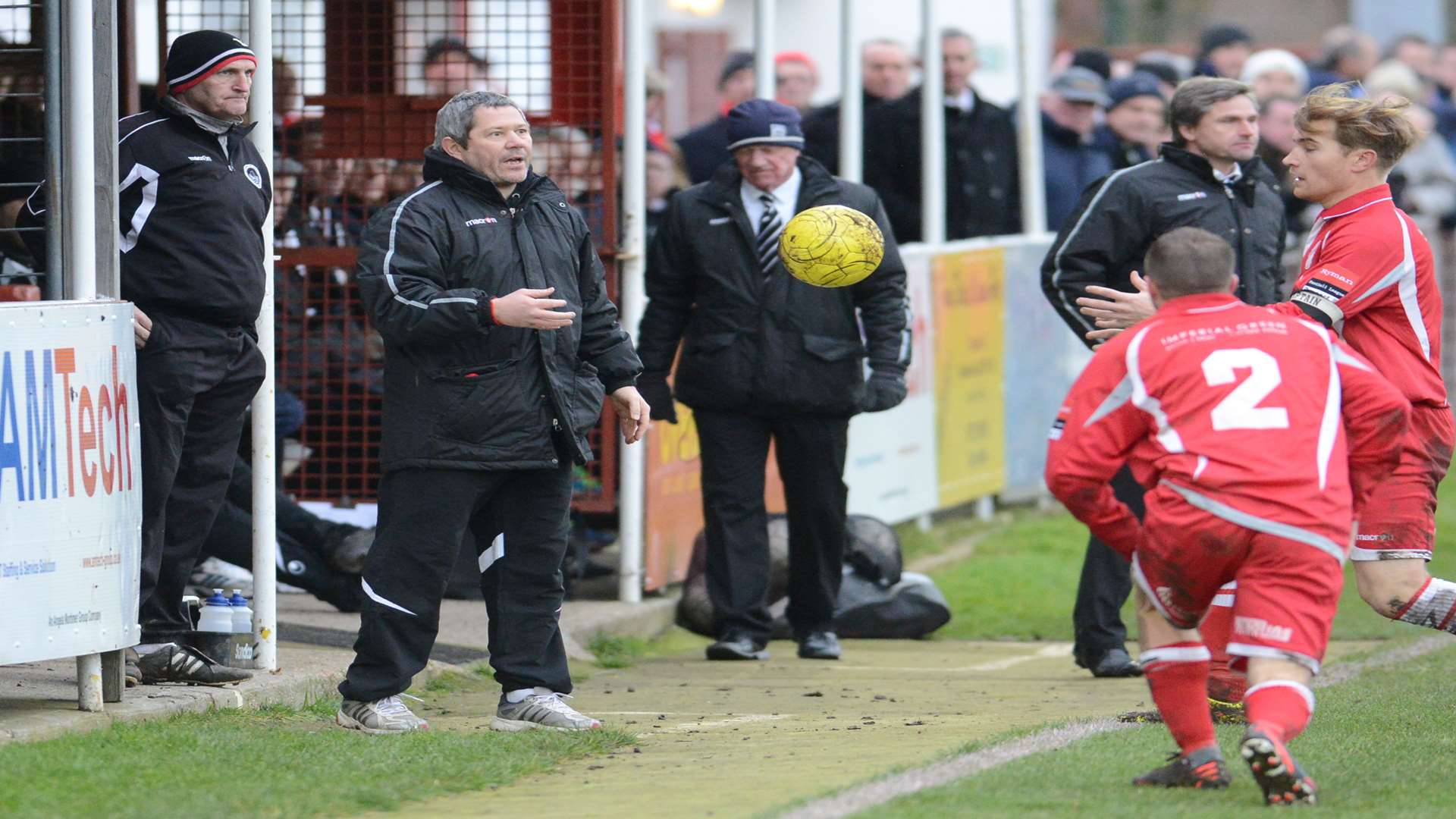 Hythe manager Tim Dixon in the dugout against Faversham on Saturday Picture: Gary Browne