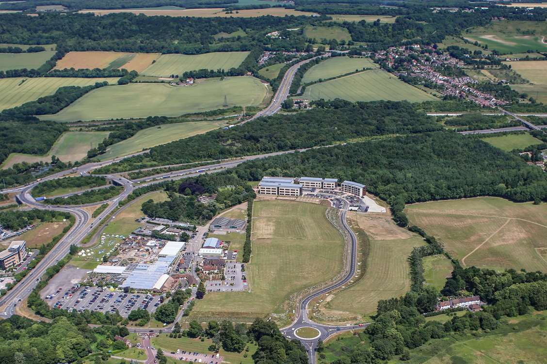 An aerial view of ongoing development at the Kent Medical Campus near Maidstone