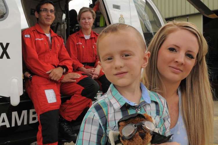 Kye Sharrad and mother Kerry meet the air ambulance team at Marden
