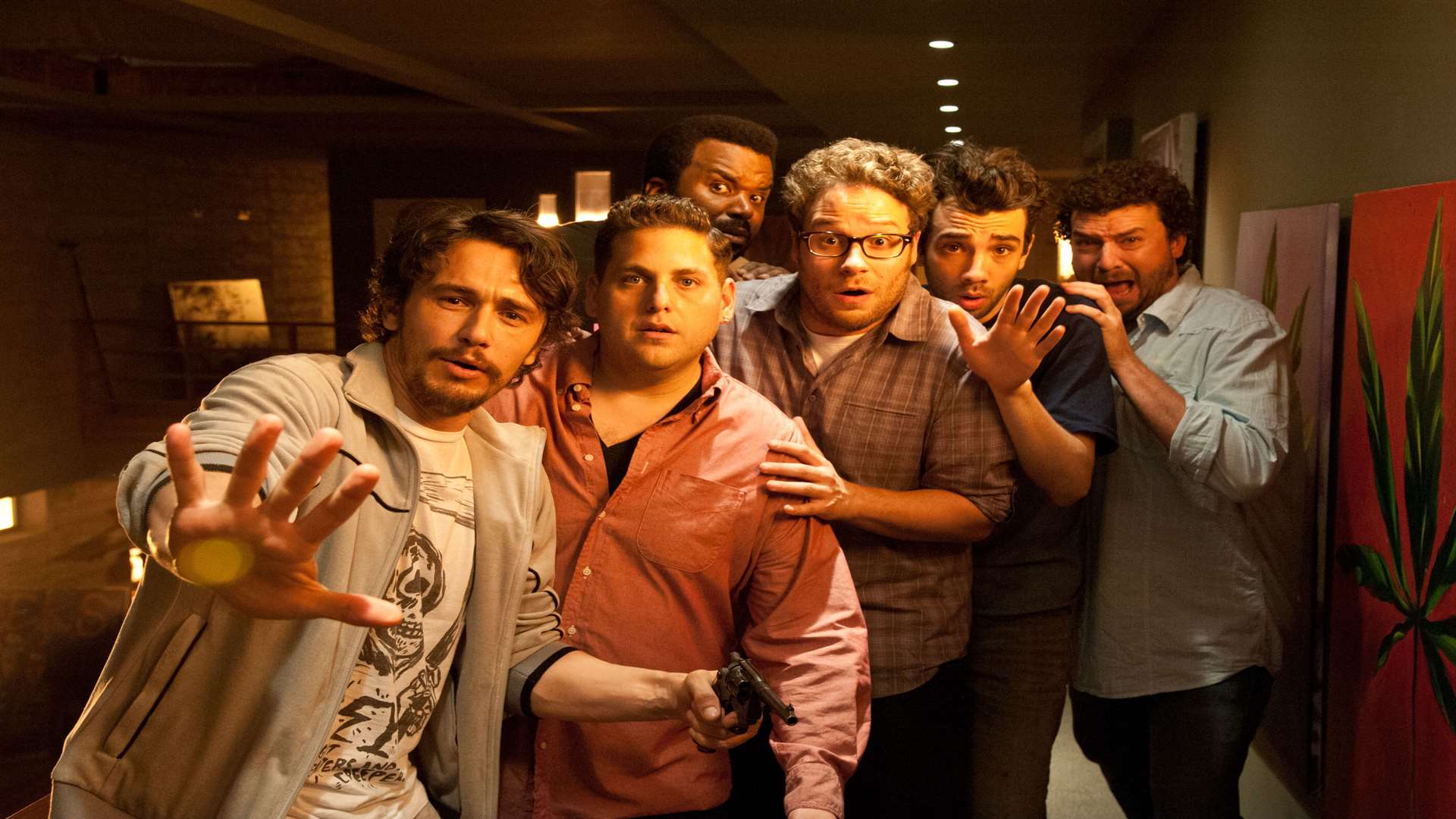 This Is The End with (l-r) James Franco, Jonah Hill, Craig Robinson, Seth Roen, Jay Baruchel & Danny McBride. Picture: PA Photo/Sony UK