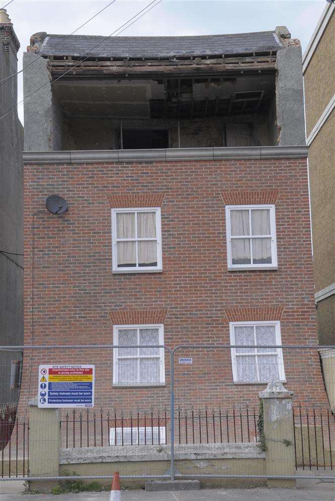 1 Godwin Road, Cliftonville, which has been chosen for an art installation by artist Alex Chinneck. Installation has an outer skin of building peeling away, sliding down and collapsing to reveal top floor
