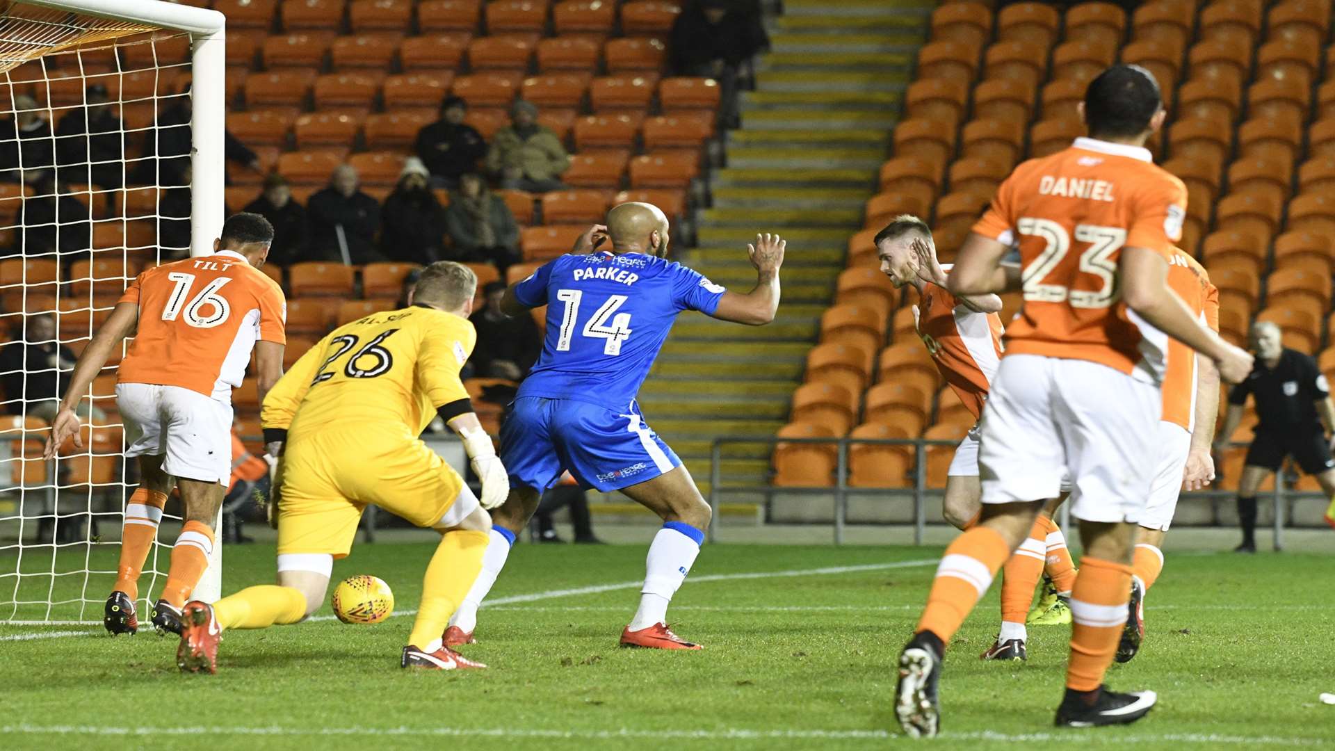 Josh Parker causes panic in the Blackpool defence Picture: Barry Goodwin